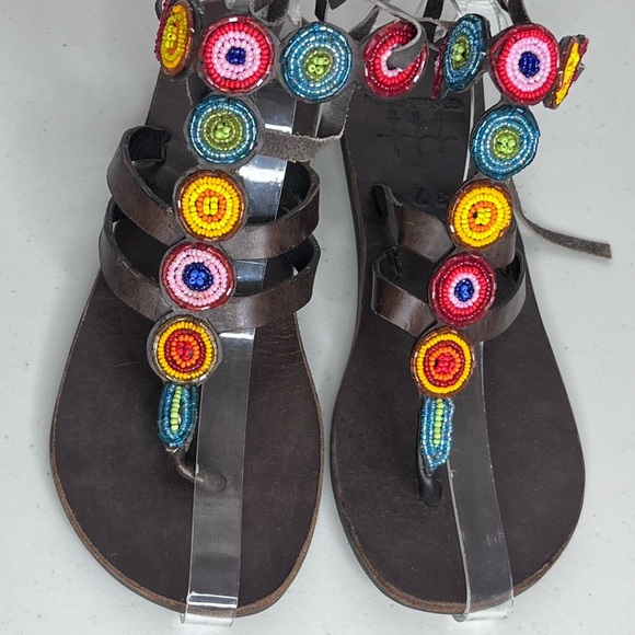 Global Girls Boho Leather Hand-Made Colorful Beaded Sz 37 Thong Sandals - Picture 10 of 14